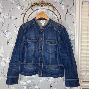 Talbots Petites Women Blue Denim Stretch Jacket Collarless Button Front Size 12P